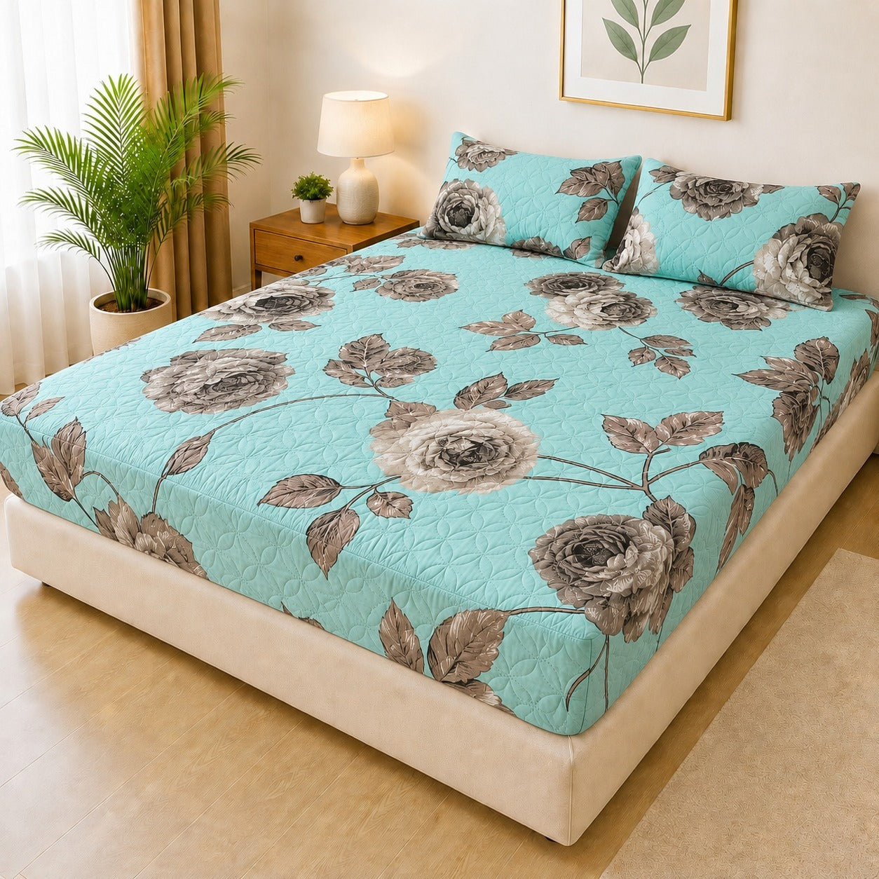 Printed Fancy Quilted Waterproof Mattress Fitted Bed Sheet With Pillows Covers