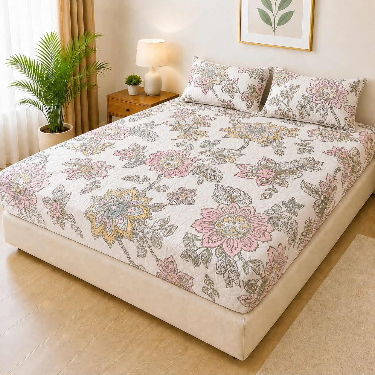 Printed Fancy Quilted Waterproof Mattress Fitted Bed Sheet With Pillows Covers