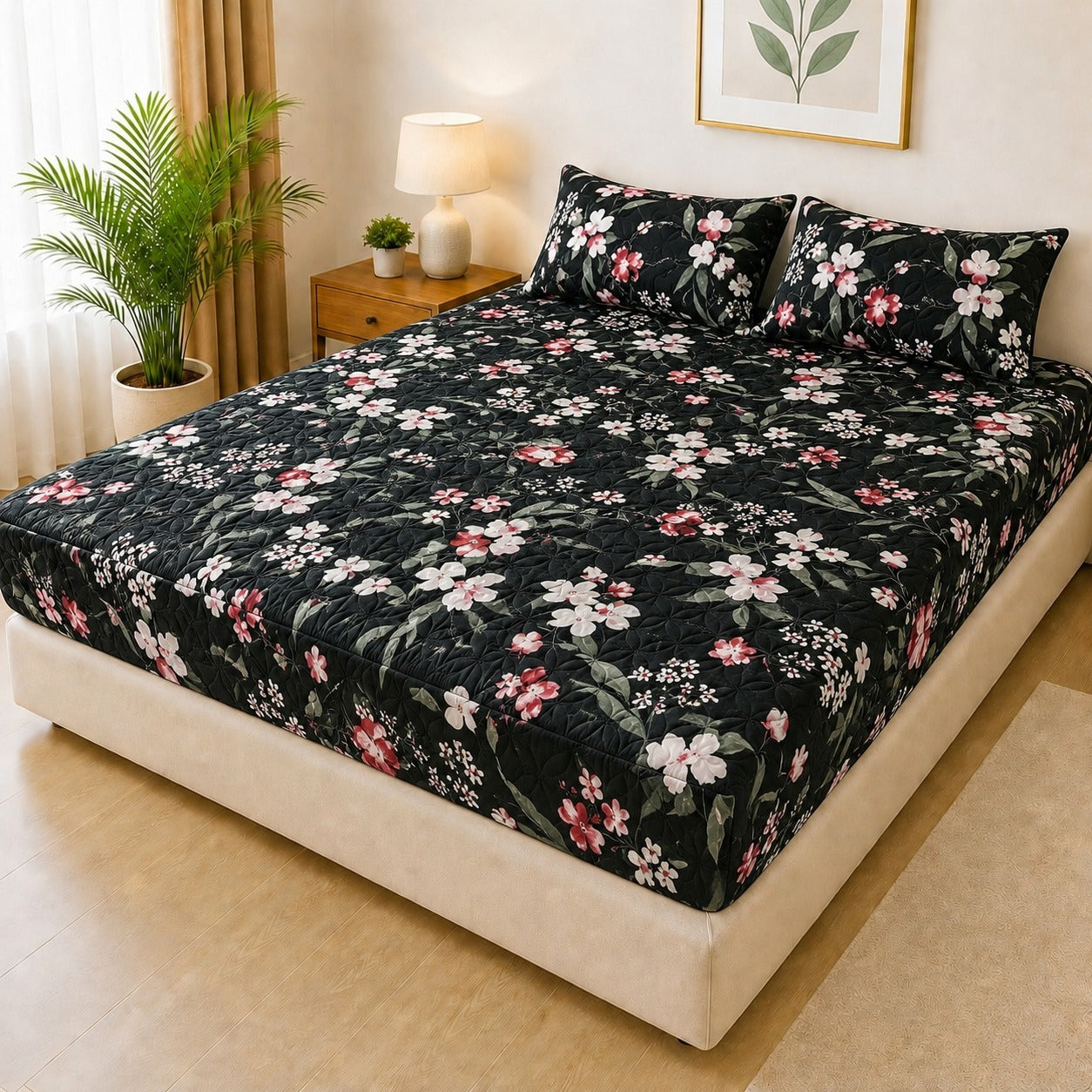 Printed Fancy Quilted Waterproof Mattress Fitted Bed Sheet With Pillows Covers