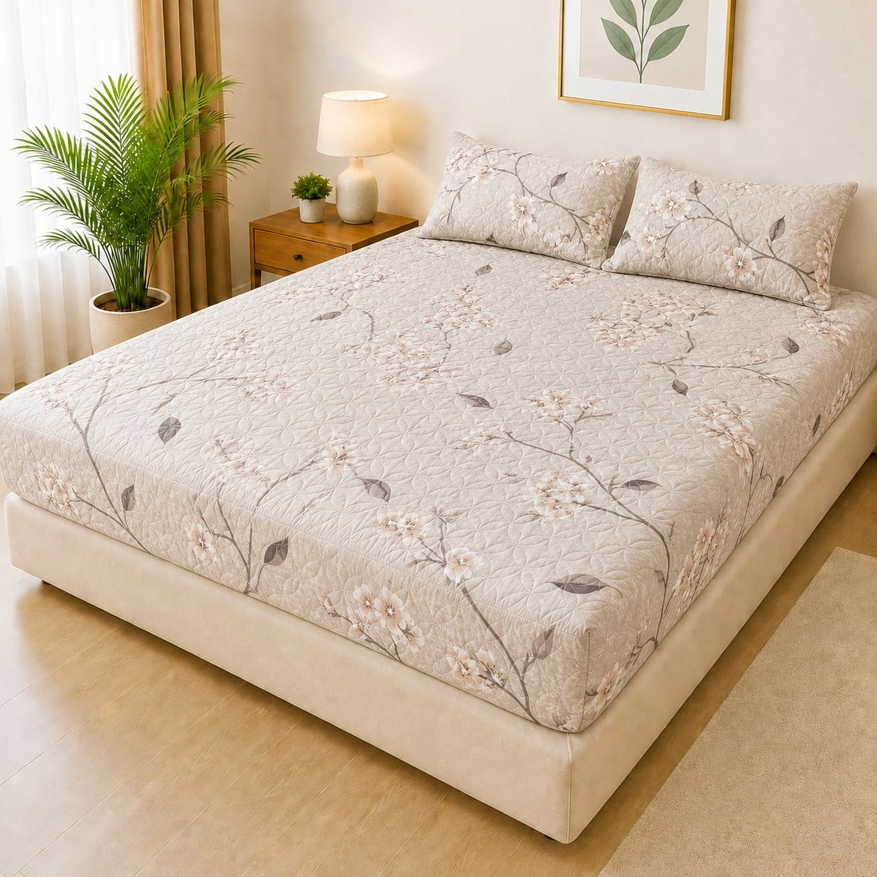 Printed Fancy Quilted Waterproof Mattress Fitted Bed Sheet With Pillows Covers